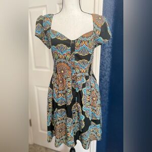 Band of Gypsies Black Floral Medallion Mini Dress with Blue and Orange Accents